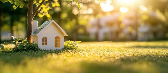 a charming miniature house nestled beneath a tree at golden hour evoking dreams of home ownership and financial security amidst a vibrant sunlit backdrop