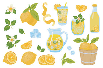 Lemons and lemonade set in flat graphic design. Collection isolated elements with citrus fruit slices, citric flower and leaves, glass, cup or bottle with juice drink and other. Vector illustration.