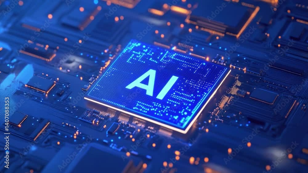 Poster futuristic digital circuit board with illuminated ai chip in deep blue glow and modern technology ba