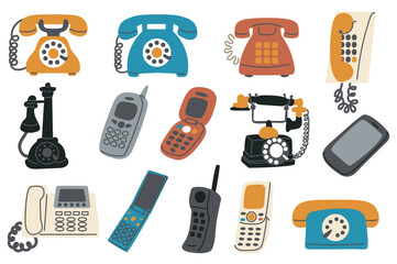 Retro phones set in flat graphic design. Collection isolated elements with antique and vintage telephones with dials, cords, mobile models with buttons and radio antennae, other. Vector illustration.