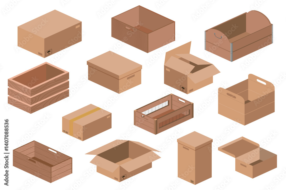 Aufkleber wooden and cardboard boxes set in flat graphic design. collection isolated elements with empty packa
