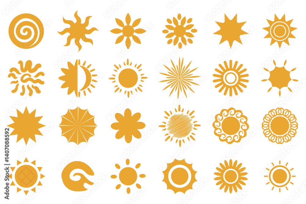Fototapete yellow sun icon set in flat graphic design. collection isolated elements with different types of sim