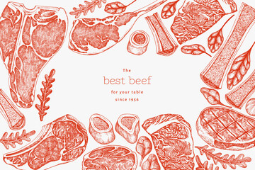 Butchery Shop Design Template. Vector Hand Drawn Meat Banner. Vintage Style Bar B Q Menu Illustration.