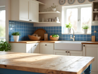 Bright country kitchen with natural wooden table