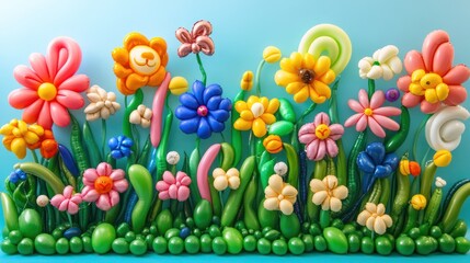 Vibrant garden landscape of balloon flowers with a playful lion-faced bloom