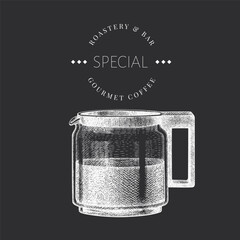 Alternative Coffee Maker Chalk Board Illustration. Vector Hand Drawn Isolated Glass Coffee Pot. Vintage Style Filter Coffee Maker