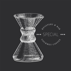 Alternative Coffee Maker Chalk Board Illustration. Vector Hand Drawn Isolated Glass Coffee Pot. Vintage Style Filter Coffee Maker