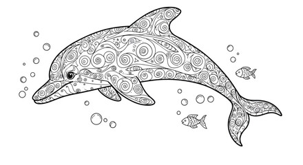 Fototapeta premium Elegant Stylized Dolphin Graphic with Ornate Swirl Designs Gracefully Swimming Among Bubbles and Tiny Ocean Fish