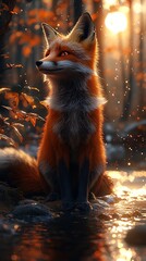Naklejka premium Evening Glow Fox Tranquil Scene Calm Animal Energy Forest Silence Photo
