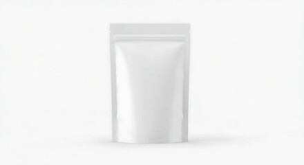 A white stand-up pouch on a light grey background. The clean, minimalist design and neutral colors make it versatile for various product mockups and presentations