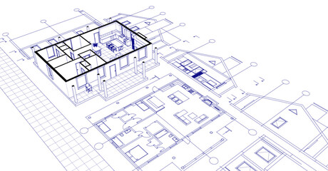 sketch project of a traditional house 3d illustration