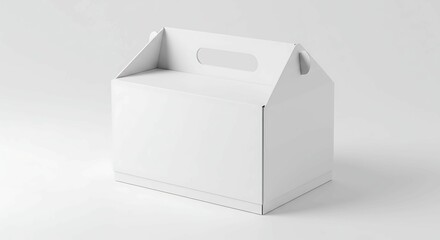Fototapeta premium A white cardboard box with a handle cutout, standing upright against a light grey background. The simple, clean design makes it versatile for various packaging and presentation needs