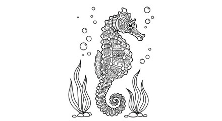 Naklejka premium Decorative Seahorse Line Art Featuring Detailed Body Design with Gentle Seaweed Accents and Tiny Bubbles Outline