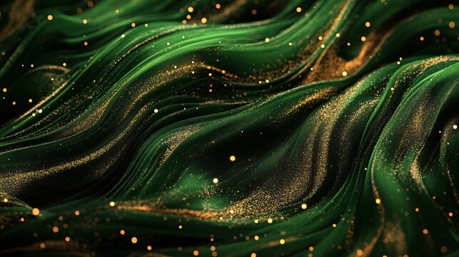 Green velvet background with light gold particles floating softly