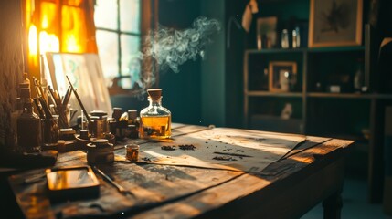 Vintage chemistry setup with flasks and smoke