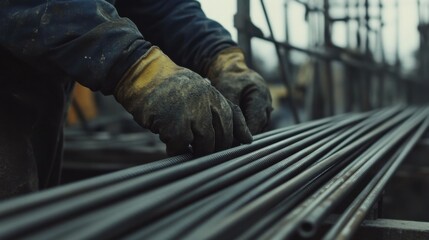 Construction laborer working with steel reinforcement bars. Featuring structural work and material handling