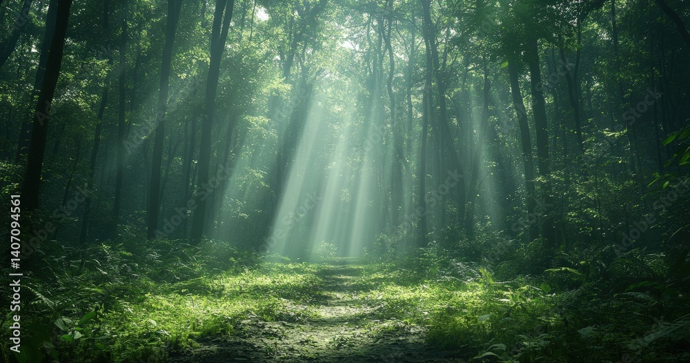Poster sunlight shining through tall trees on a forest path