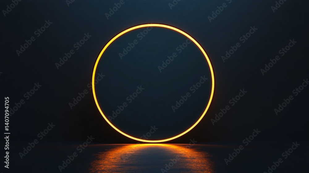 Poster Glowing orange circle illuminating dark background with reflection