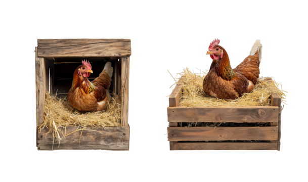 Brown domestic hen chicken is incubating on a wooden box with straw on transparent background 