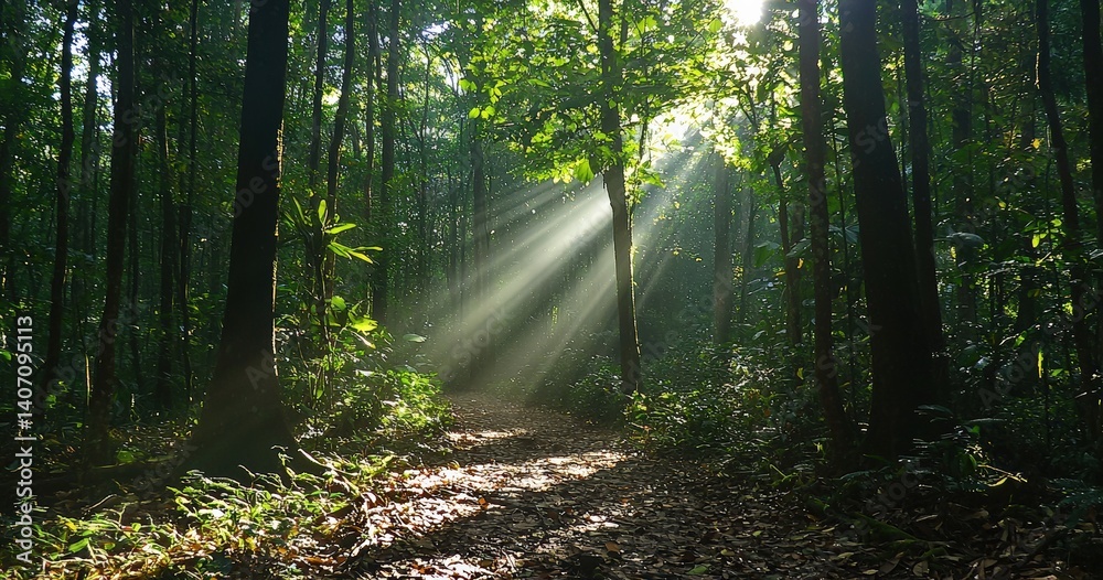 Poster Sunlight shining through tall trees on forest path