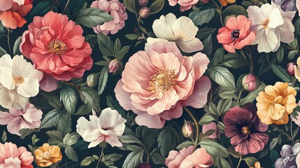A floral pattern with pink, red, and white flowers and green leaves on a dark background design style