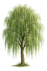 Weeping Willow Tree Illustration with Long Drooping Branches and Green Leaves, Isolated on Transparent Background for Nature Design and Digital Wall Art