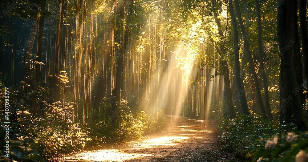 Poster Sunlight filtering through trees creating enchanting path in forest landscape