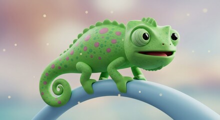 Fototapeta premium Whimsical Chameleon Character Illustration with Playful Design and Pastel Backdrop