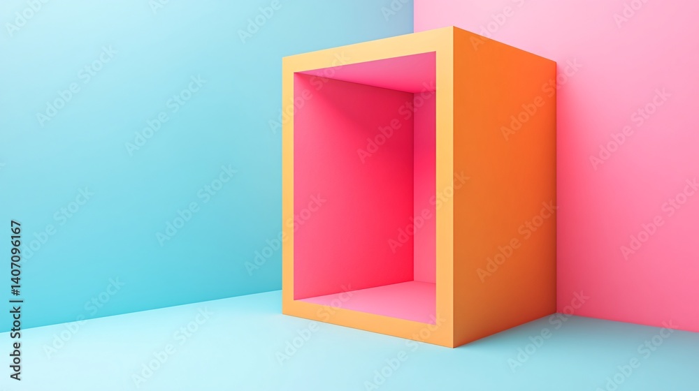 Poster empty orange frame displaying vibrant pink interior on colorful background