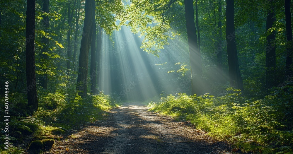 Aufkleber Sunlight illuminating path through trees in green forest