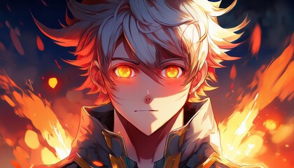 Anime Cartoon Character with Intense, Glowing Eyes in a Striking Setting, Showcasing Vivid Colors and Dramatic Energy in an Unusual World