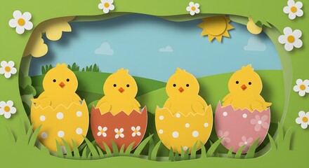 Obraz premium Heartwarming Easter Chicks Hatching Paper Cut Style Spring Illustration