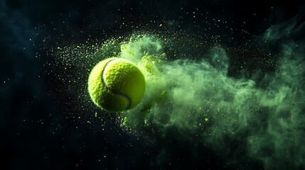 Freeze motion shot of a flying tennis ball releasing a burst of vibrant light green powder against a deep black background