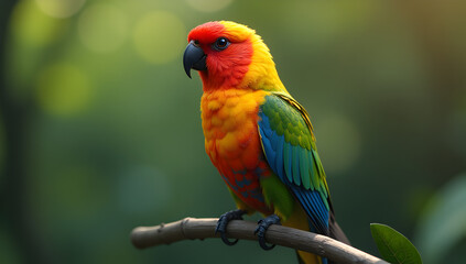 Parrot with Vibrant Feathers Sitting on a Tree Branch in Tropical Jungle Generative AI