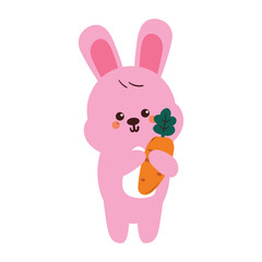 cute drawing pink bunny holding carrot. cute animal doodle for sticker, icon