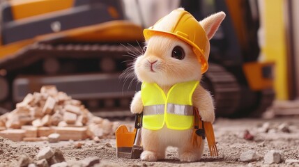 An adorable bunny, dressed in a bright yellow construction outfit with a reflective safety vest, hard hat, and tiny tool belt, stands confidently on a construction site.