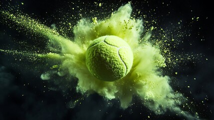 High-speed capture of a tennis ball mid-air scattering bright light green powder in an artistic explosion on a dark backdrop