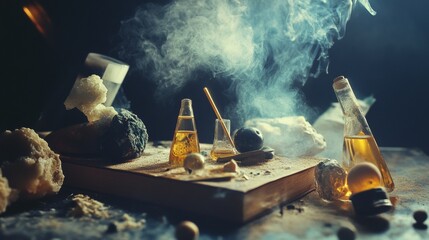 Mystical glass bottles with foggy ambiance