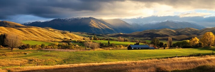 Landscape view with mountains fields trees and cloudy sky in a rural area.