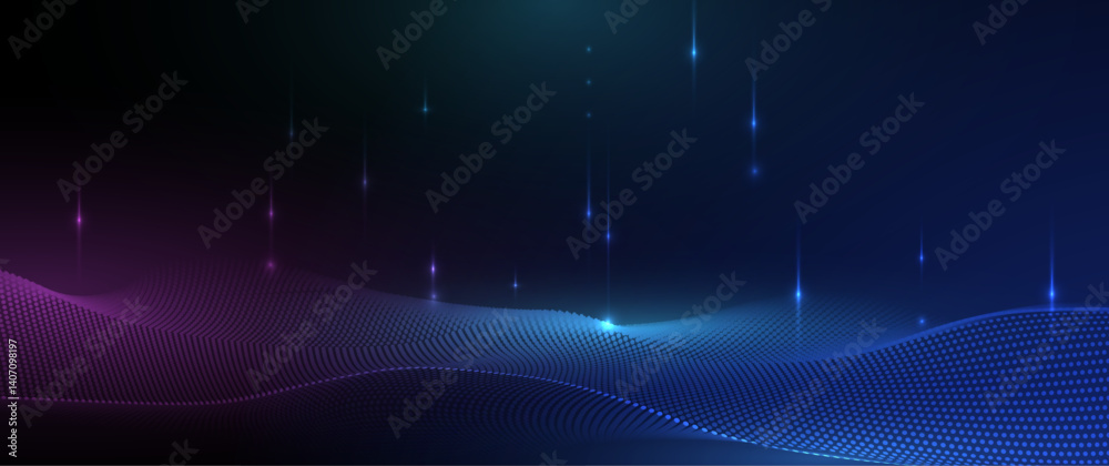 Poster Vector abstract dynamic, wave particle and dot. Illustration technology background with dynamic mesh, flow particles design for banner, wallpaper. High tech, digital datum network and science concept
