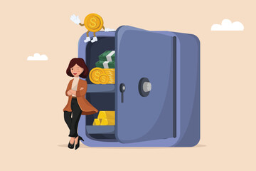 Confident Businesswoman Standing Next to Open Safe Full of Cash, Coins, and Gold Bars Wealth and Finance Concept Illustration
