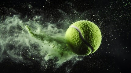 Crisp freeze-frame of a spinning tennis ball scattering light green powder in a surreal artistic display on black