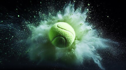 Shocking high-speed capture of a soaring tennis ball igniting a vibrant light green powder burst on black