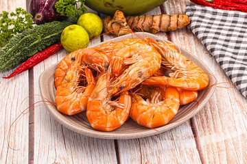 Tasty hot big boiled prawns