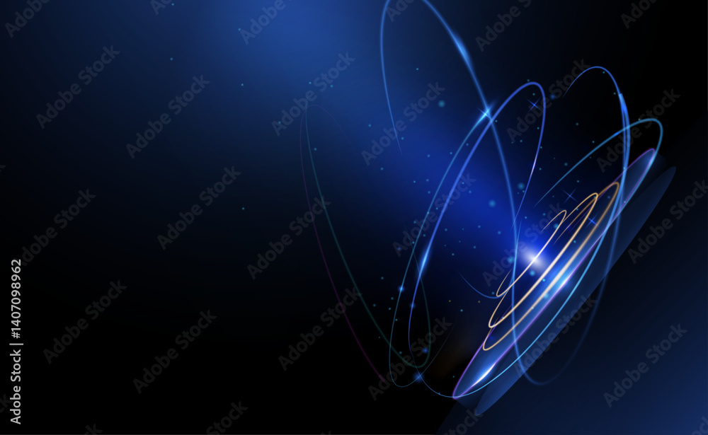 Poster illustration vector abstract chaos, blue wave line pattern, flow line and particle dot on dark color