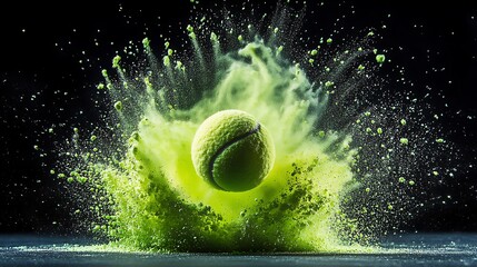 Shocking high-speed capture of a soaring tennis ball igniting a vibrant light green powder burst on black