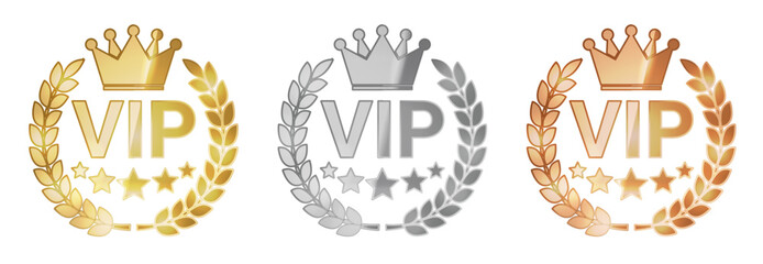 A set of elegant VIP badges featuring crowns, laurel wreaths, and stars, symbolizing exclusivity, prestige, and premium status. Ideal for membership, loyalty programs, or special offers.