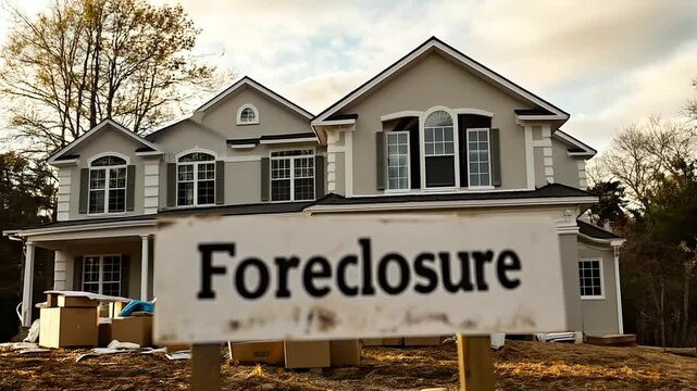 A foreclosed house with a sign in the front yard and packed boxes on the lawn. The image represents financial hardship, forced relocation, and the emotional impact of losing a home due to bankruptcy.