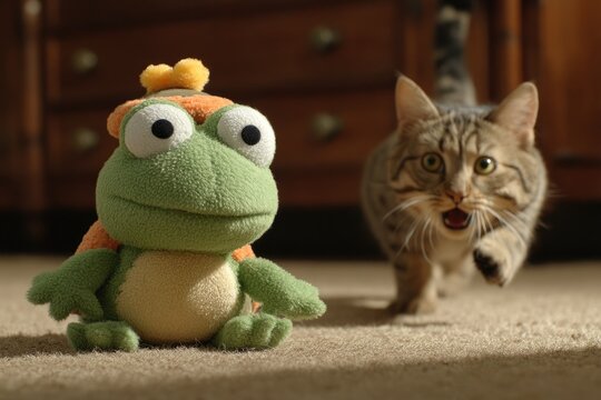 Playful tabby cat chases a stuffed frog toy.