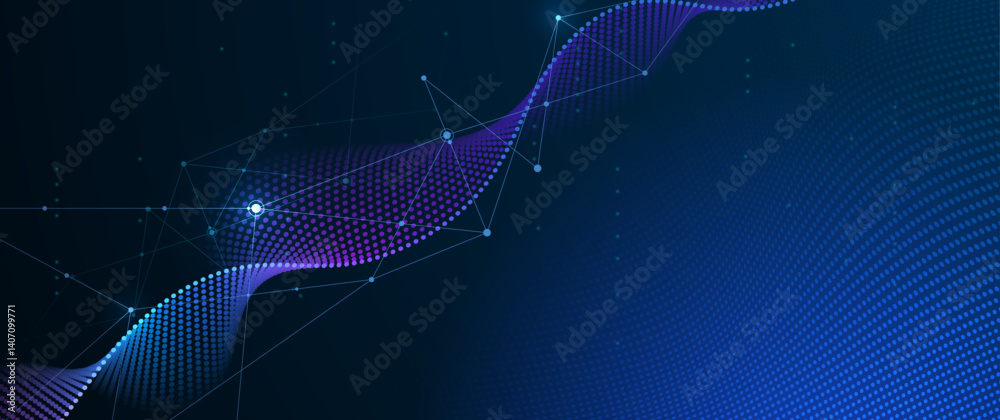 Poster Vector illustration abstract technology with molecule, Flowing dot particle wave flow line, wireframe and dot on blue background. Datum technology network, science, artificial intelligence concept